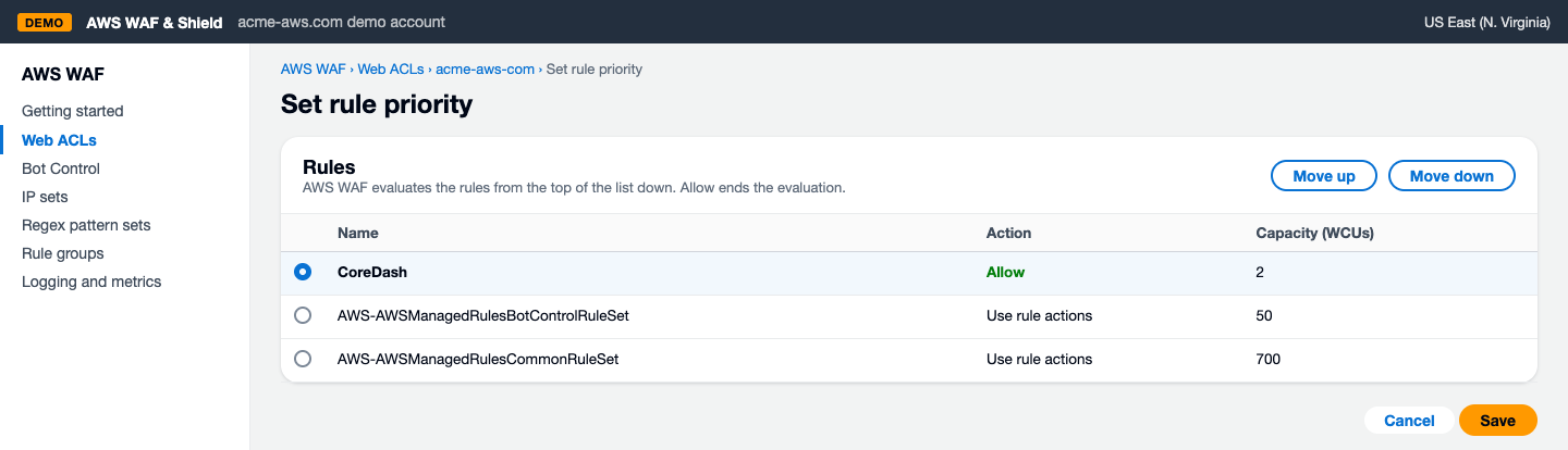 AWS WAF Set rule priority in a demo setup: CoreDash with action Allow at the top, above the Bot Control rule group