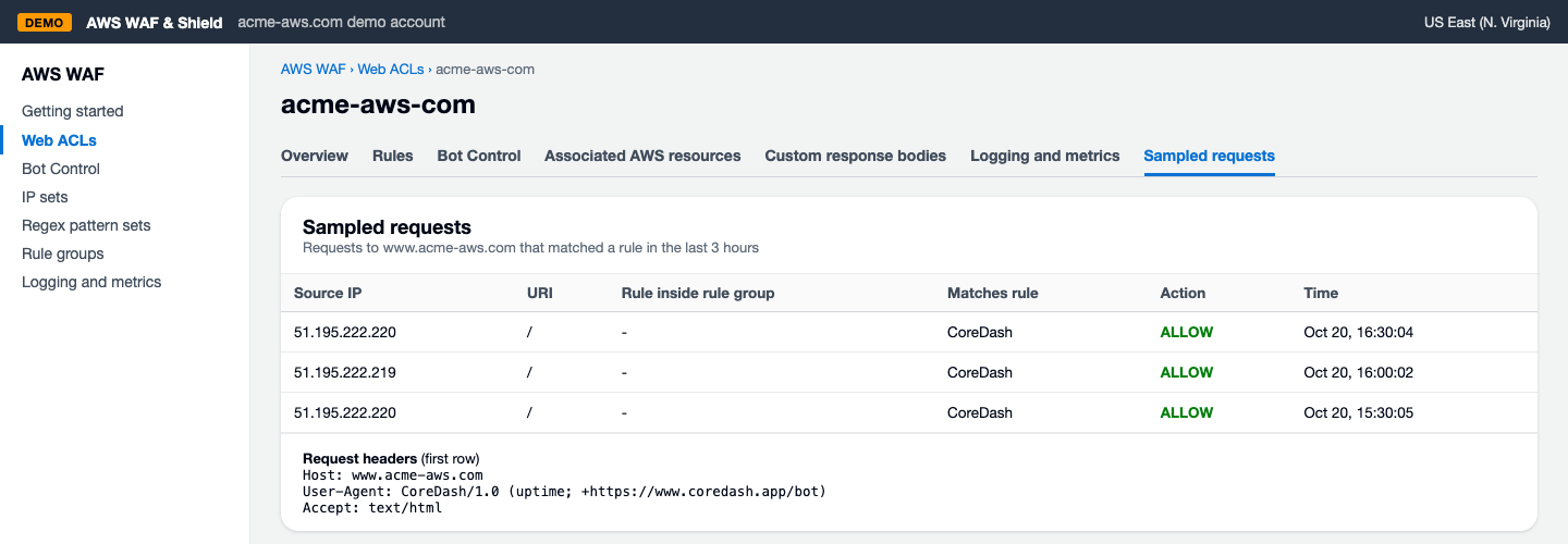 AWS WAF Sampled requests in a demo setup for acme-aws.com: the CoreDash checks now match the CoreDash rule, action Allow