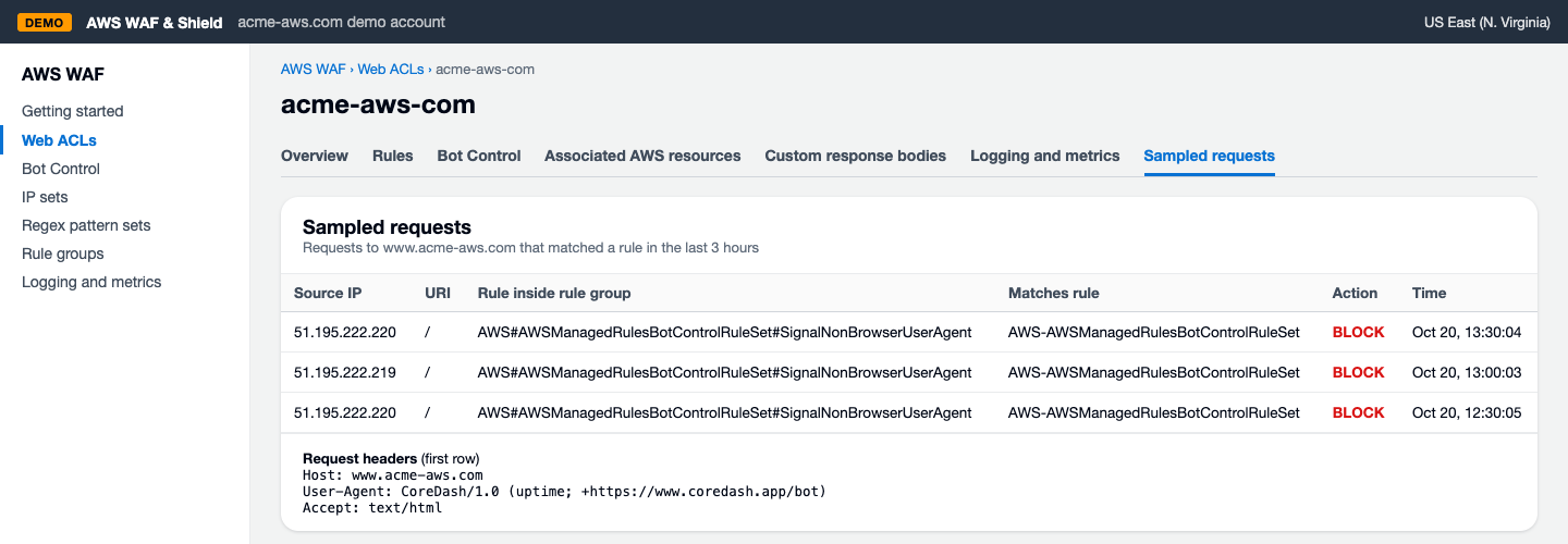 AWS WAF Sampled requests in a demo setup for acme-aws.com: CoreDash checks blocked by the Bot Control rule SignalNonBrowserUserAgent