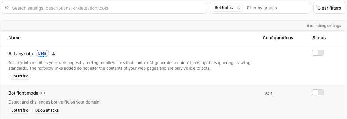 Cloudflare Security Settings filtered on Bot traffic, with the Bot fight mode row and its switch