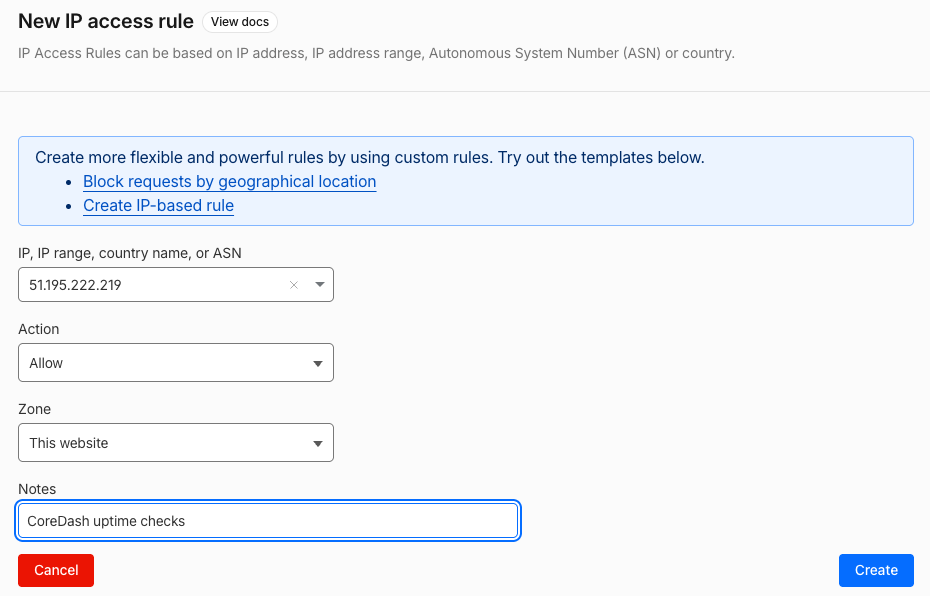 Cloudflare New IP access rule allowing 51.195.222.219, a CoreDash uptime address, on this website