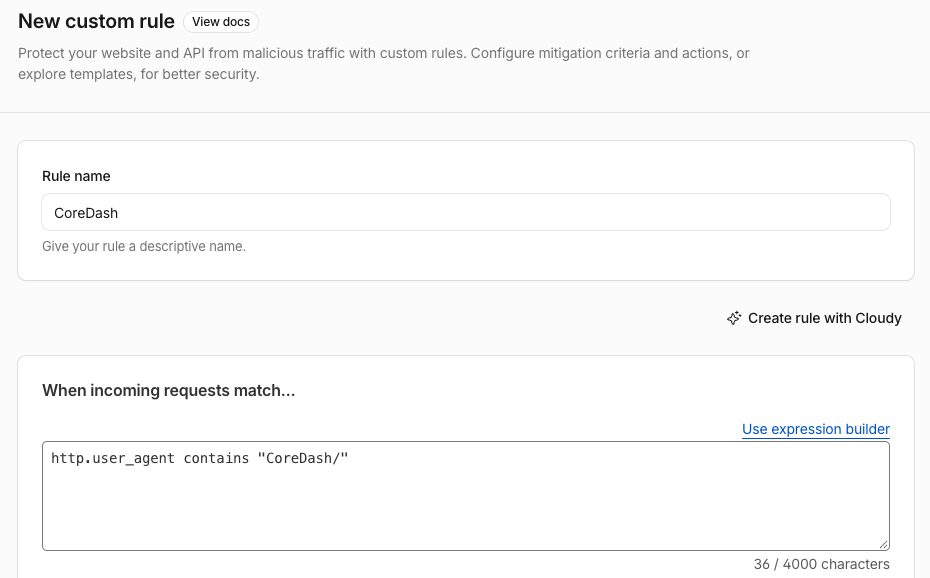 Cloudflare New custom rule named CoreDash with the expression http.user_agent contains "CoreDash/"