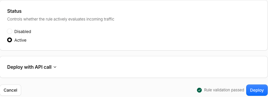 Bottom of the Cloudflare custom rule form: status Active, rule validation passed, Deploy button