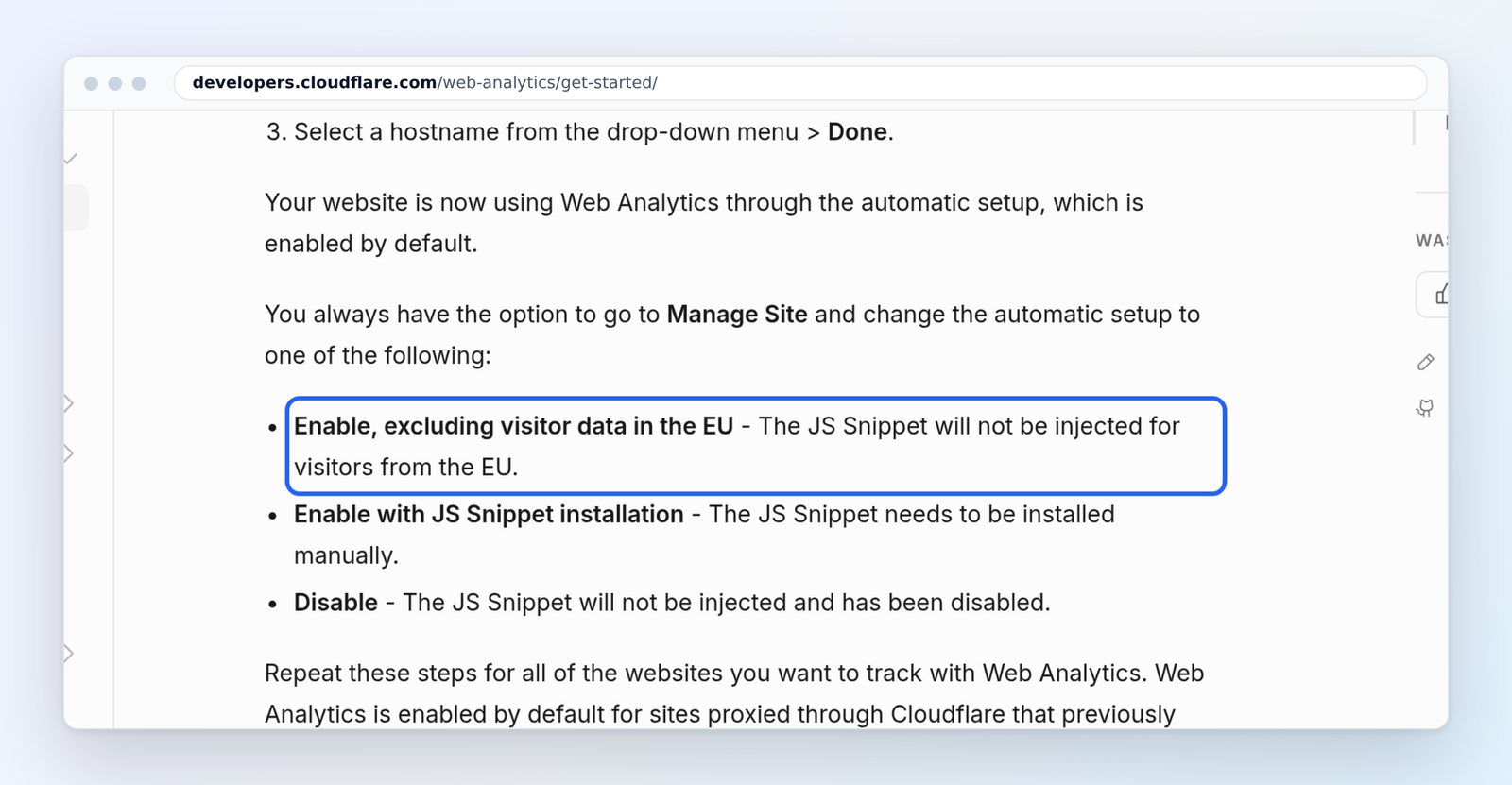 Cloudflare Web Analytics setup docs: the option that excludes visitor data in the EU (marked)