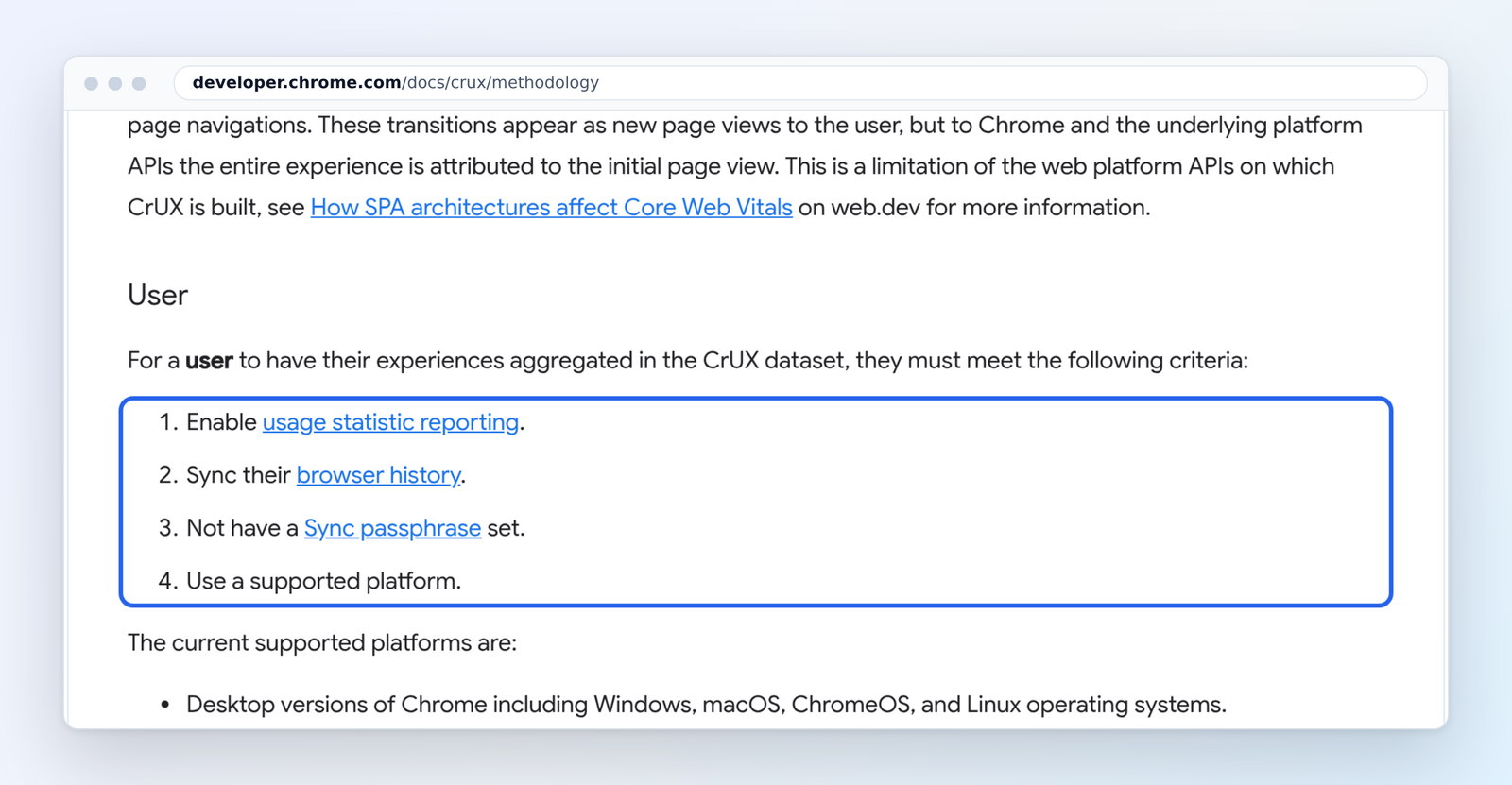 CrUX methodology: the four criteria a Chrome user must meet to be counted (marked)