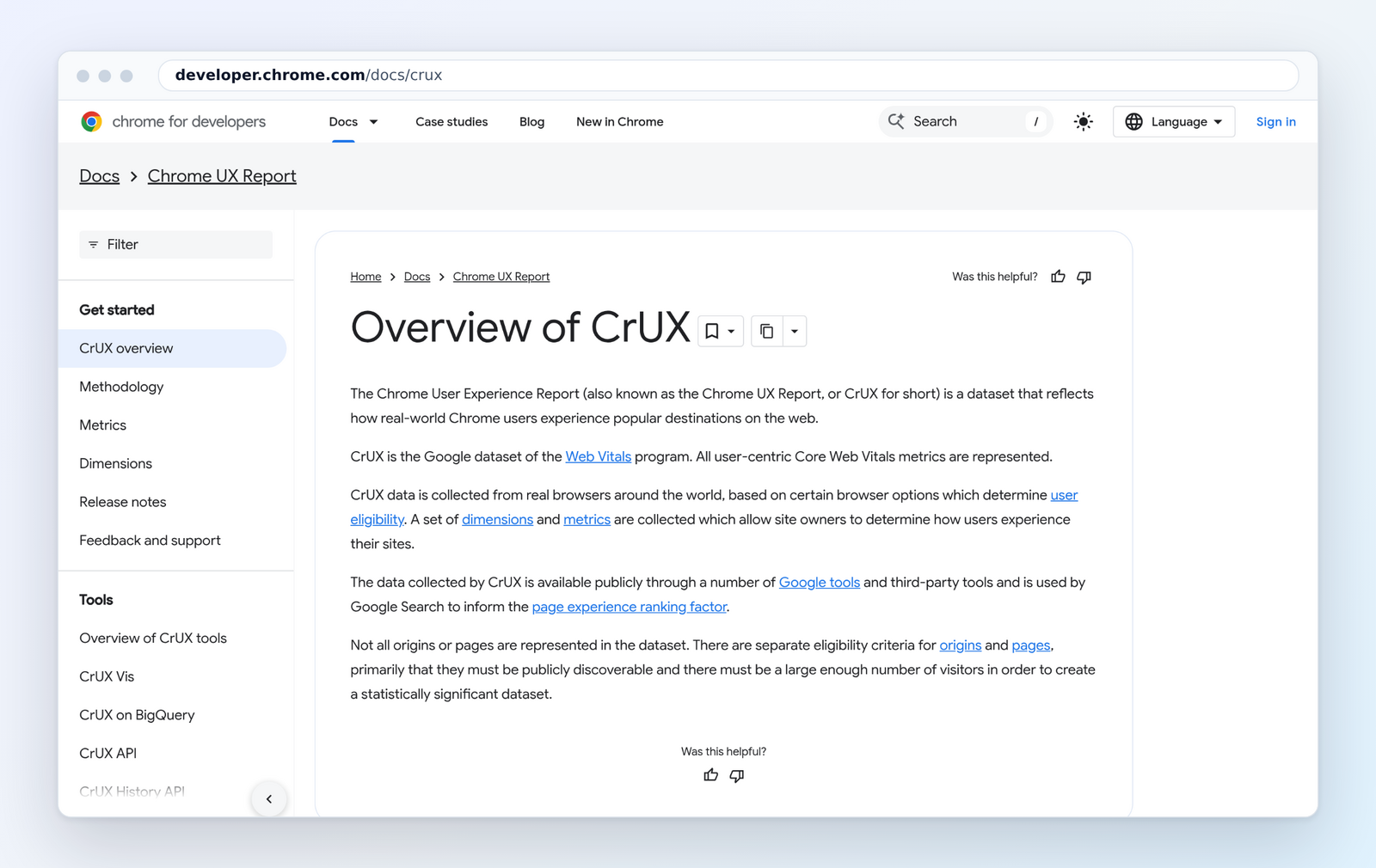 Chrome UX Report overview on developer.chrome.com, October 2026