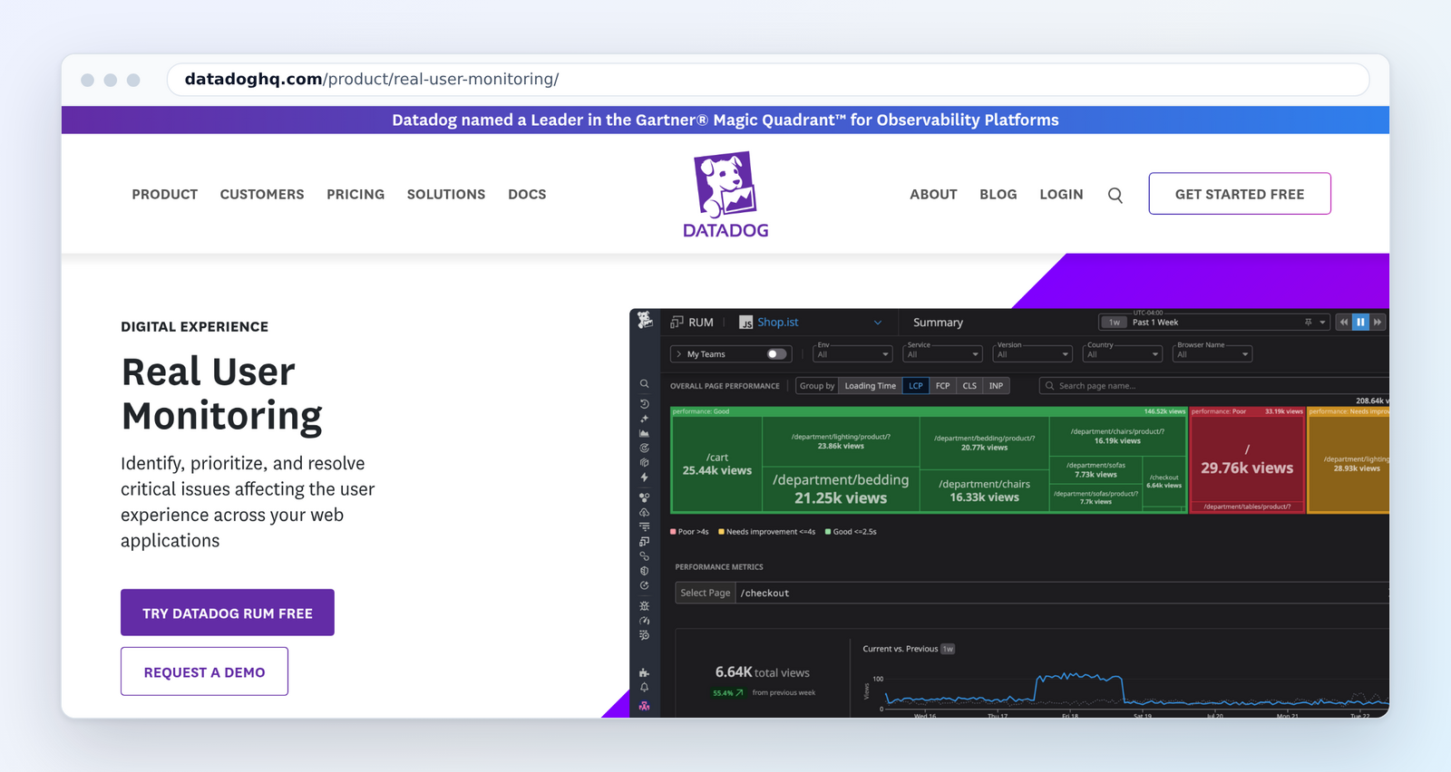 Datadog Real User Monitoring product page, October 2026