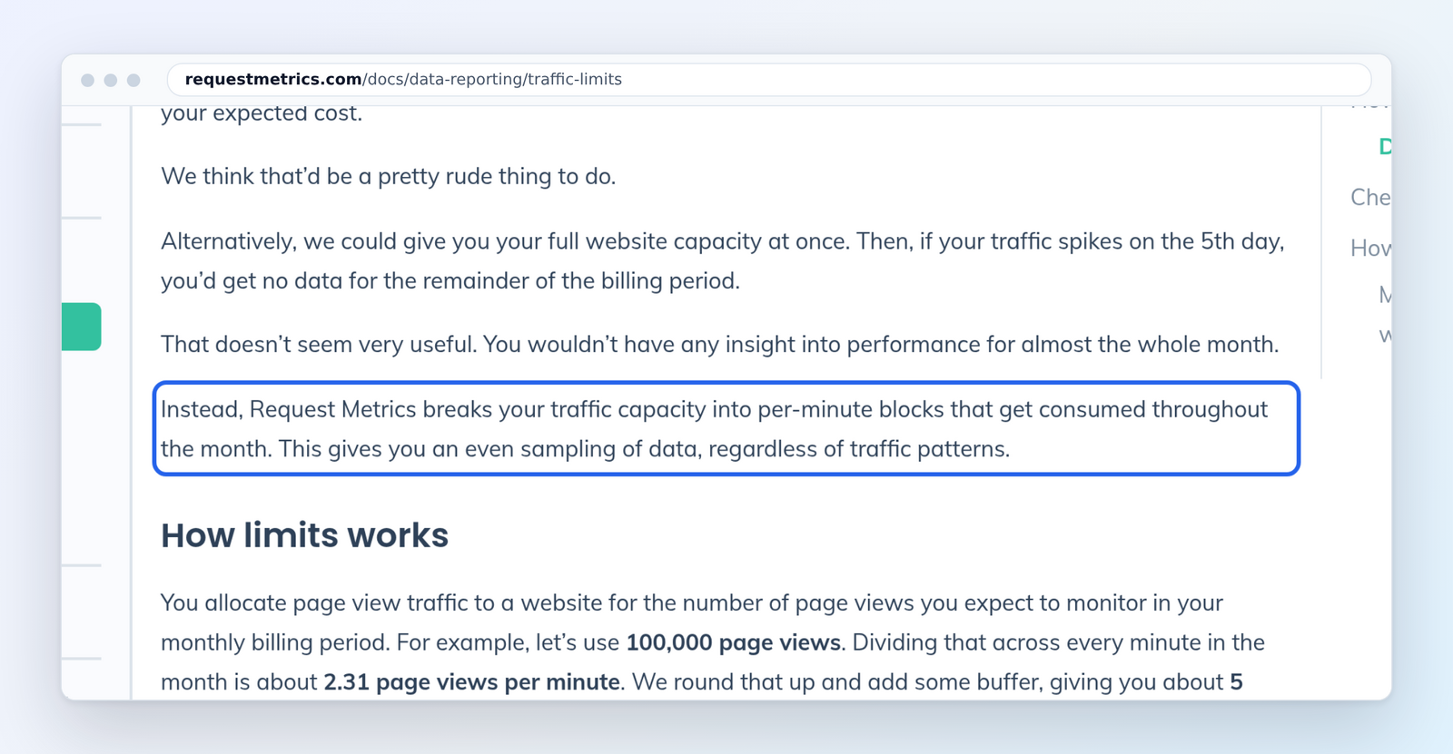 Request Metrics traffic limits docs: capacity split into per-minute blocks (marked)