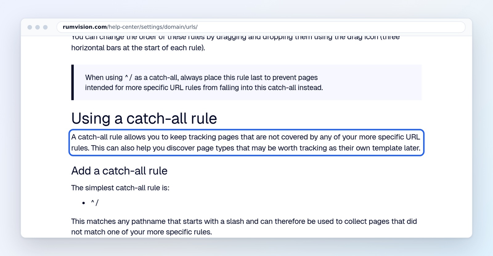 RUMvision URL rules docs: a catch-all rule to track pages not covered by other URL rules (marked)