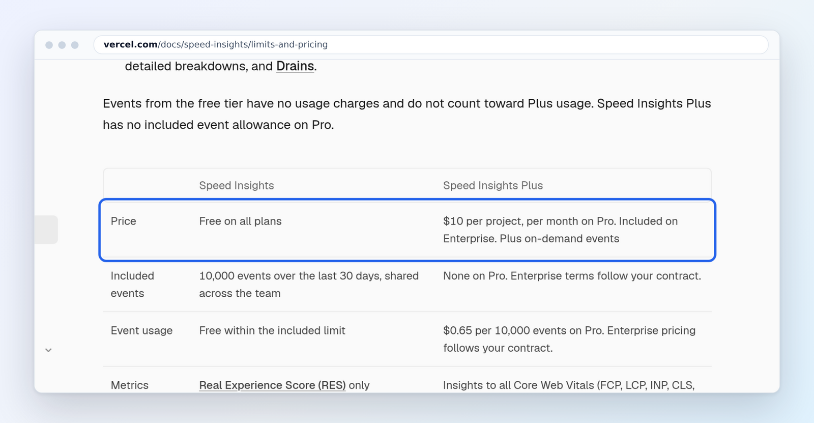 Vercel Speed Insights pricing: free on all plans, Plus at 0 per project a month on Pro (marked)