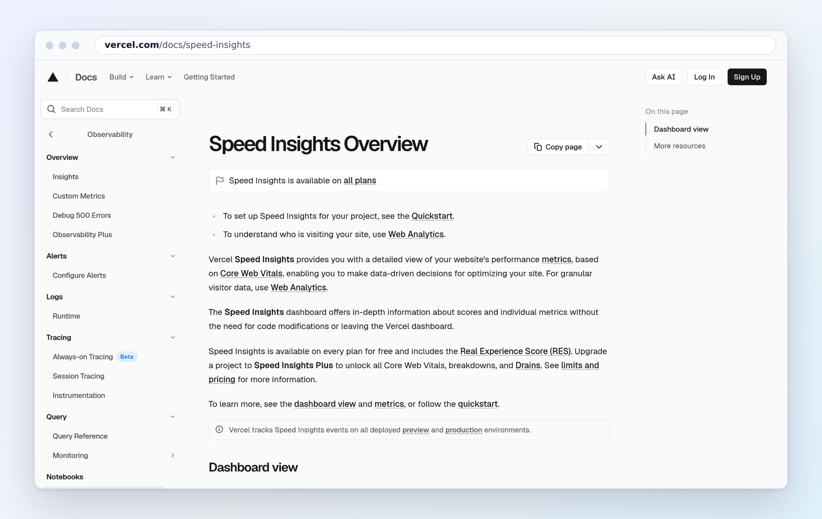 Vercel Speed Insights documentation overview, October 2026
