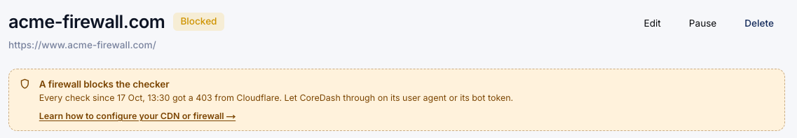 A monitor marked Blocked: a firewall answers the checker with a 403, with a link to the fix