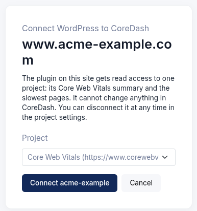 CoreDash connect screen: pick the project for the WordPress site and click Connect