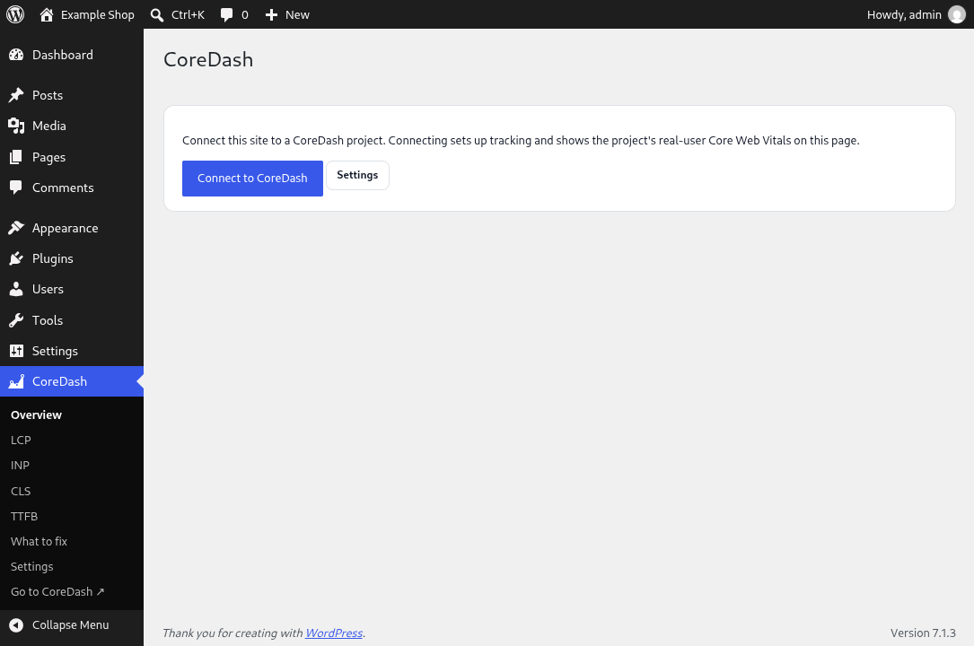 CoreDash Overview in wp-admin before connecting, with the Connect to CoreDash button