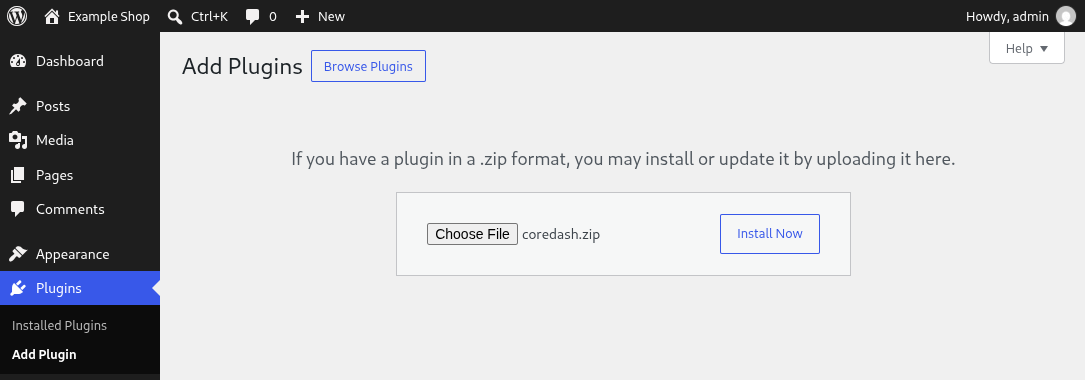 WordPress Add Plugins screen with coredash.zip chosen and the Install Now button