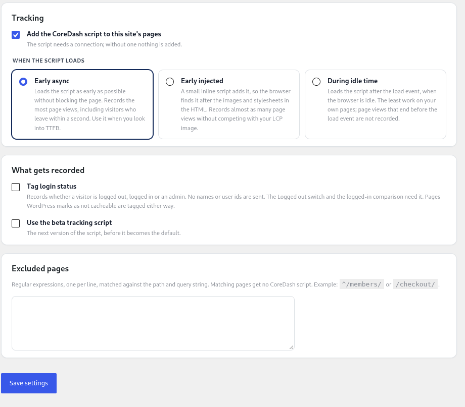 CoreDash Settings in wp-admin: tracking, when the script loads, login status, beta script and excluded pages